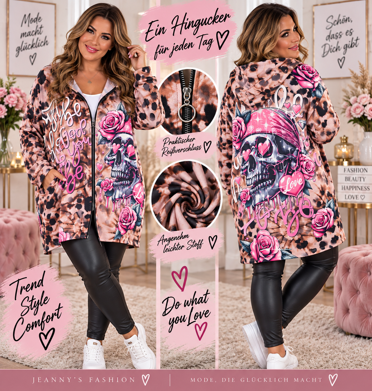 ✨💀🌹 Oversize Kapuzenjacke mit Skull-, Rosen- & Leo-Print – Gr. 46–52 🌹💀✨
