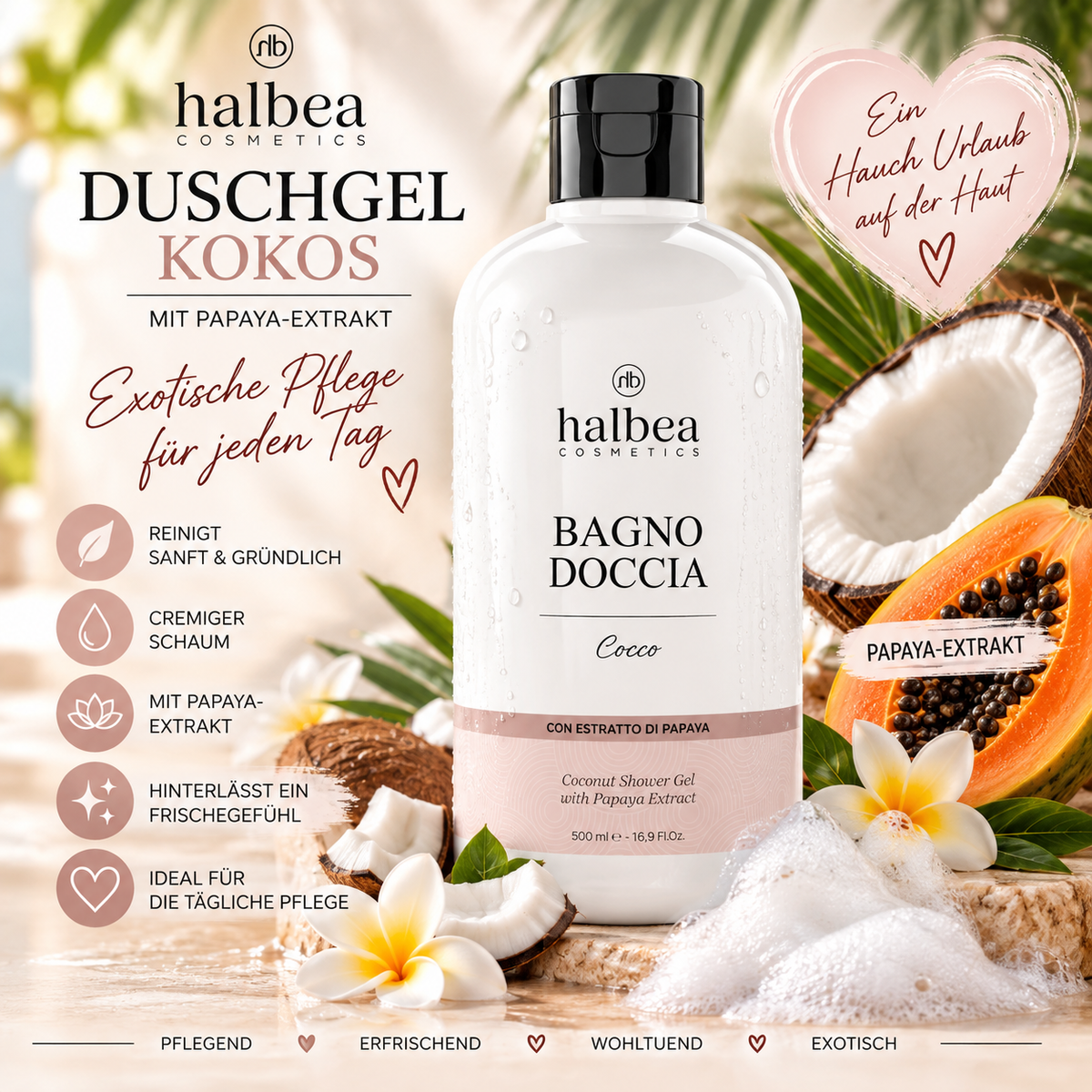 🥥🌴 Duschgel Kokos mit Papaya-Extrakt – 500 ml 🌴🥭
