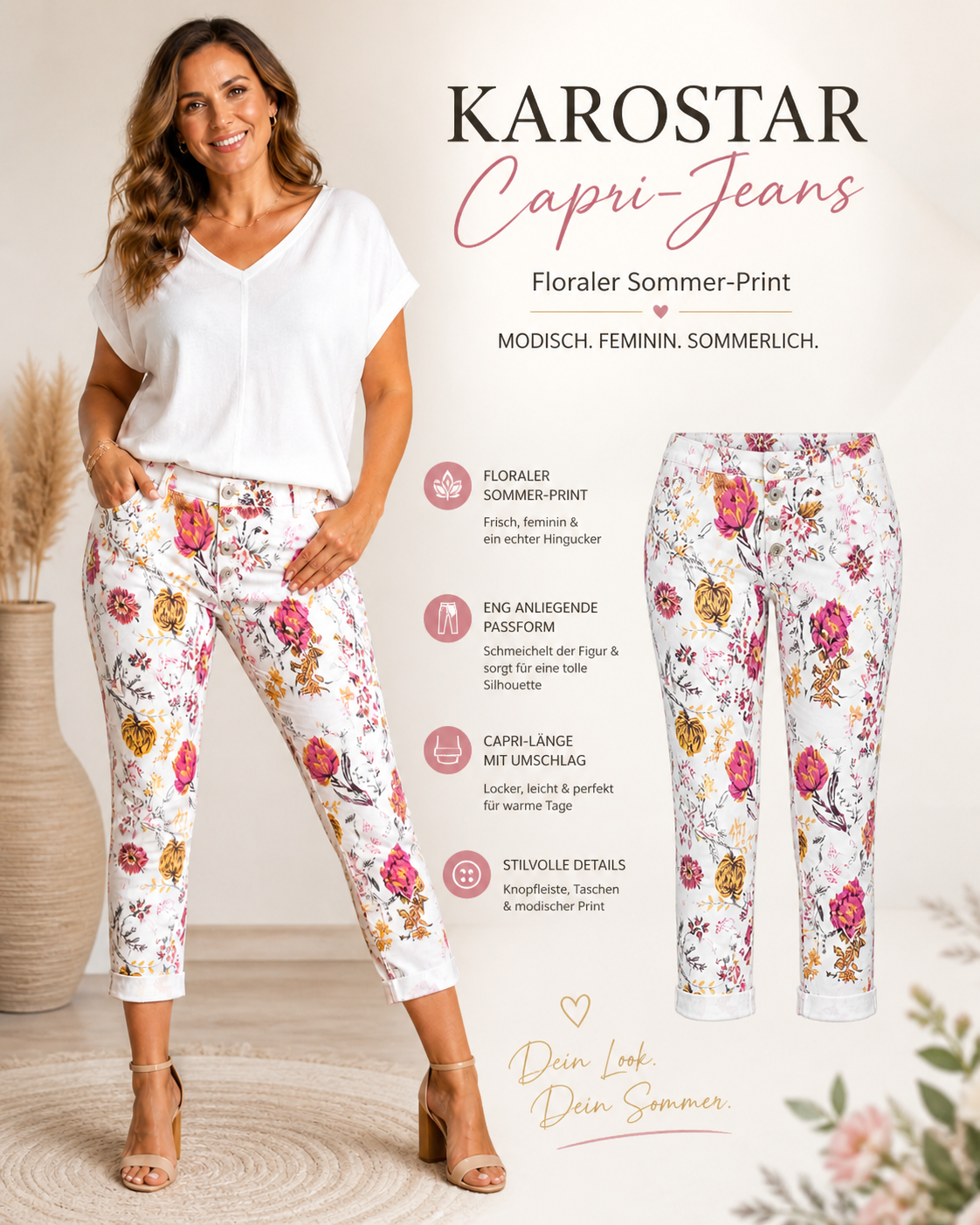 Karostar Capri Jeans Gr. 38 & 40 – florale Sommerhose mit Umschlag 🌸💖
