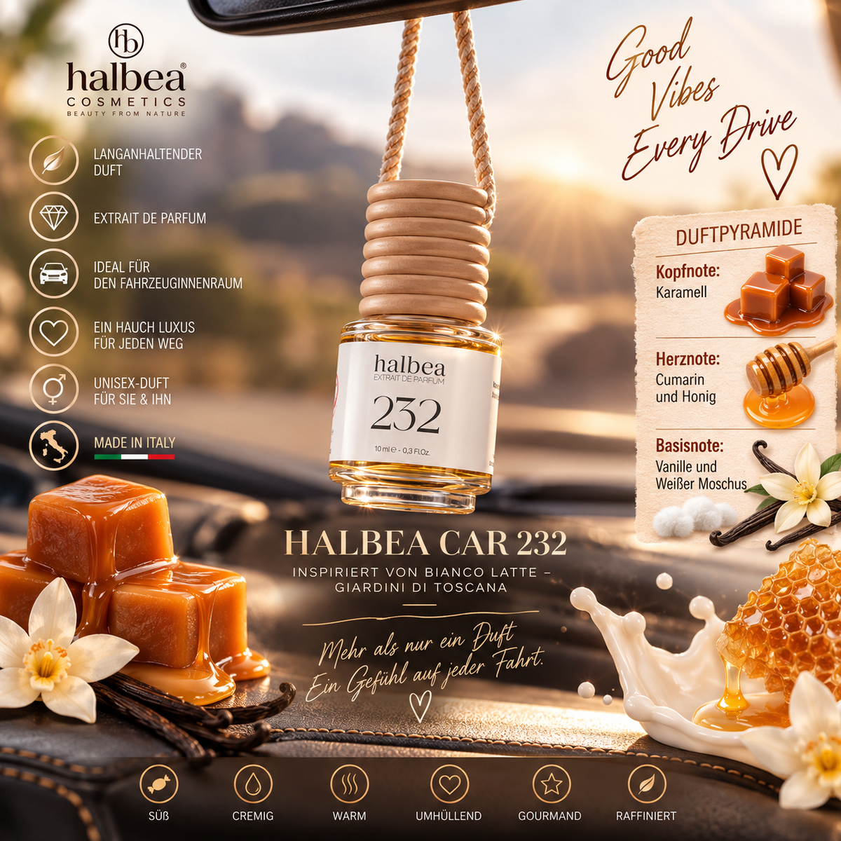 🚗✨ Halbea Car 232 – Auto-Lufterfrischer 10 ml ✨🚗 🤍 Unisex Inspiriert von Bianco Latte – Giardini di Toscana 🍯🤍