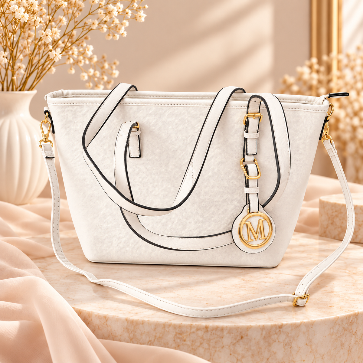 👜✨ Elegante Handtasche mit goldfarbenem „M“-Anhänger – stilvoll, geräumig & vielseitig ✨👜