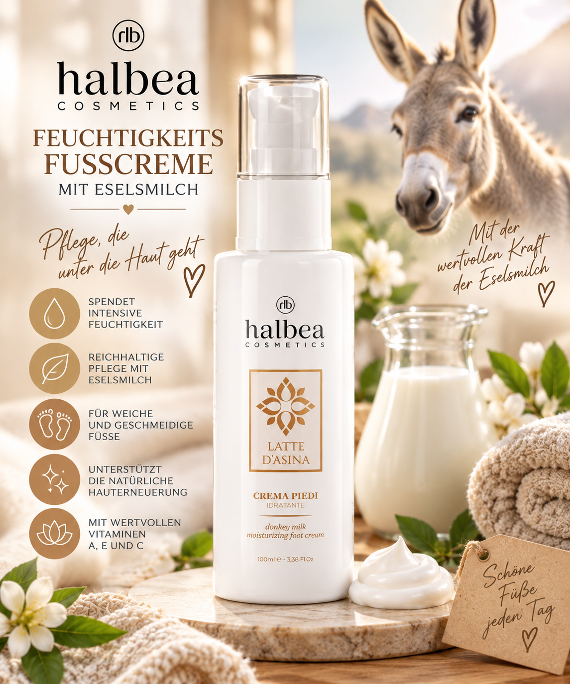🦶🥛 Feuchtigkeits-Fußcreme mit Eselsmilch – 100 ml 🥛🦶