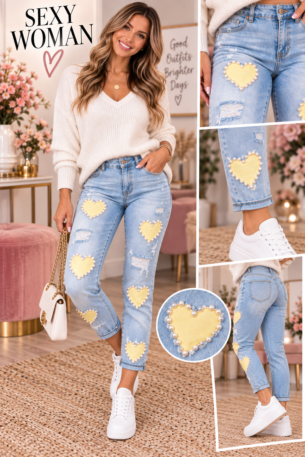 👖💛 SEXY WOMAN Jeans mit Perlen-Herzdetails – Gr. L & XL 💛👖
