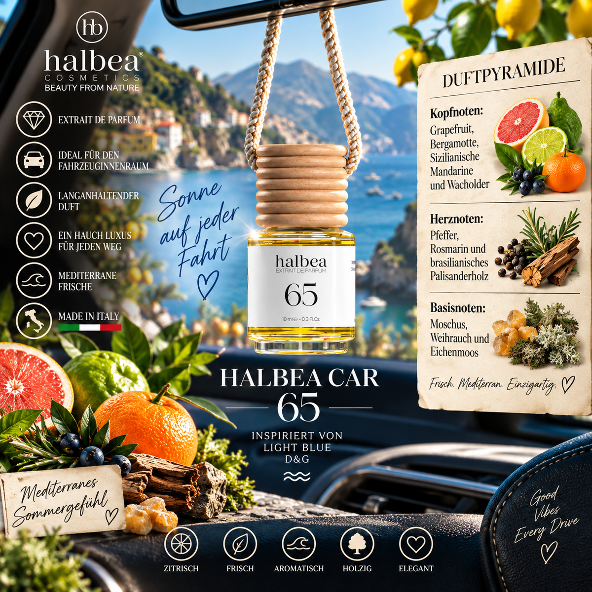 🚗💙 Halbea Car 65 – Auto-Duft 10 ml | Extrait de Parfum 💙🚗inspiriert vom Duftcharakter von Light Blue – D&G. 💙✨