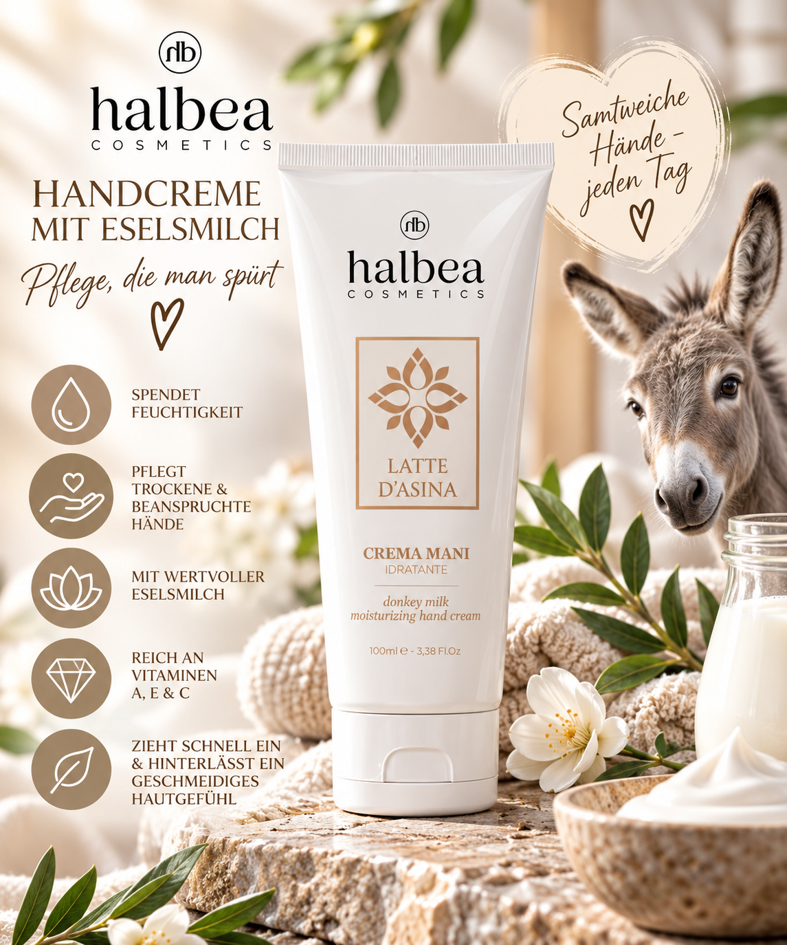 🫏✨ Feuchtigkeitsspendende Handcreme mit Eselsmilch – 100 ml ✨🫏