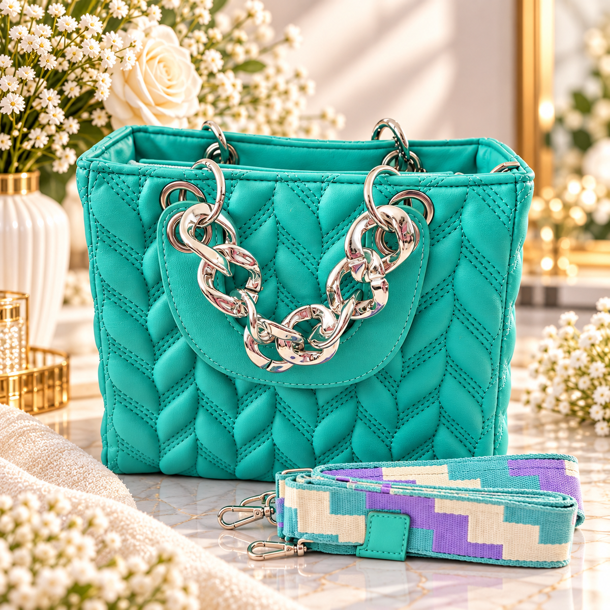 👜✨ Stylische Stepp-Handtasche mit Statement-Kette – kompakt, modern & ein echter Hingucker ✨👜