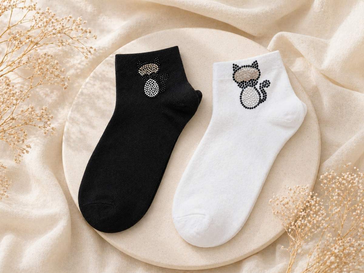 Damen Sneaker-Socken mit Strass-Katzenmotiv 🐱✨ | Größe 38–41 | 2 Farben: Schwarz & Weiß