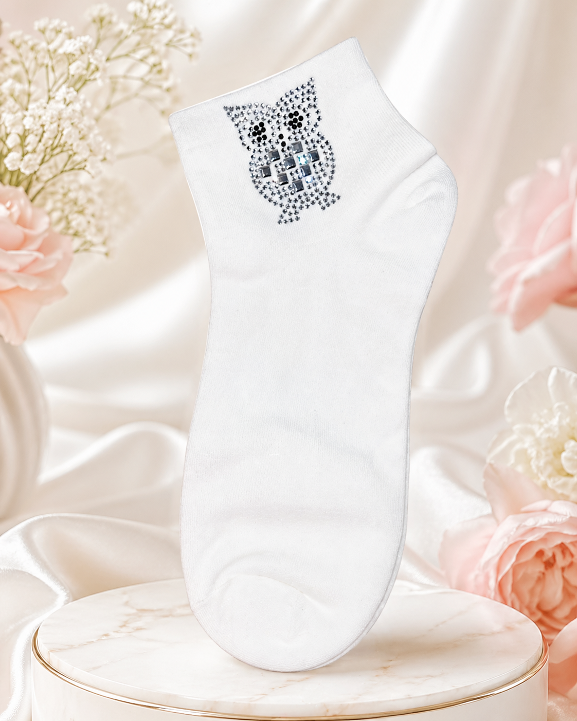 Damen Söckchen mit Strass-Eule 🦉✨ | Größe 38–41 | 3 Farben: Pink, Weiß & Schwarz