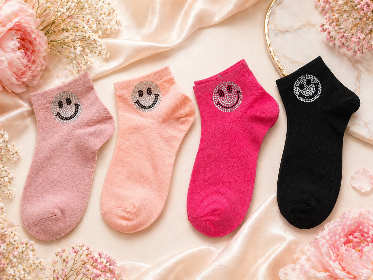 Strass-Söckchen mit Smiley ✨ Größe 38–41 | mehrere Farben