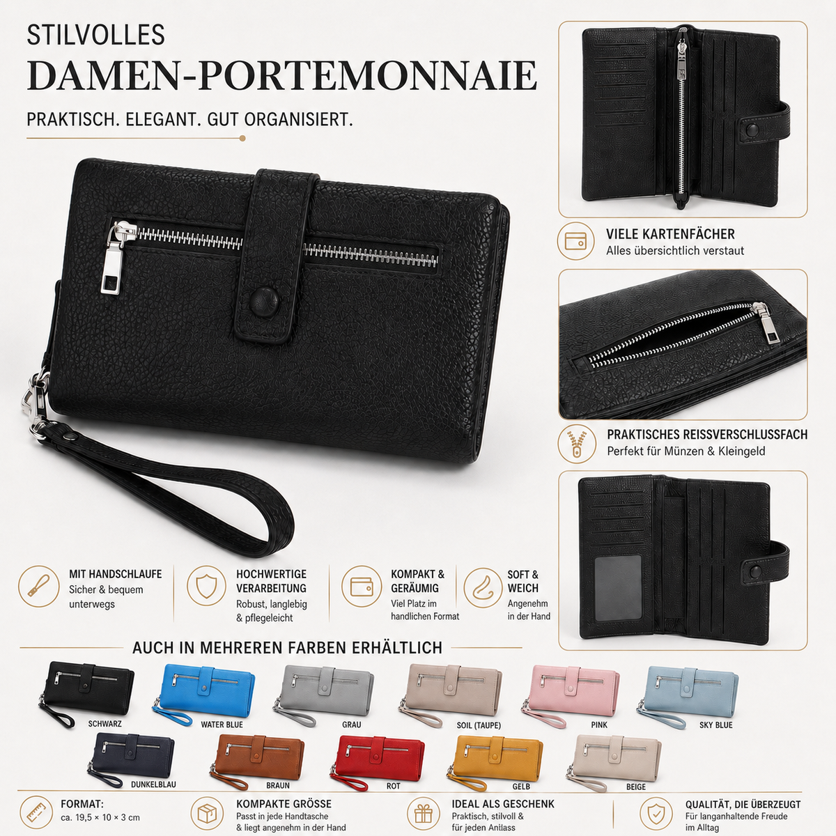 🖤 Stilvolles Damen-Portemonnaie 19,5 × 10 × 3 cm ✨ Soft & Weich | Viele Kartenfächer | Mit Handschlaufe 👛