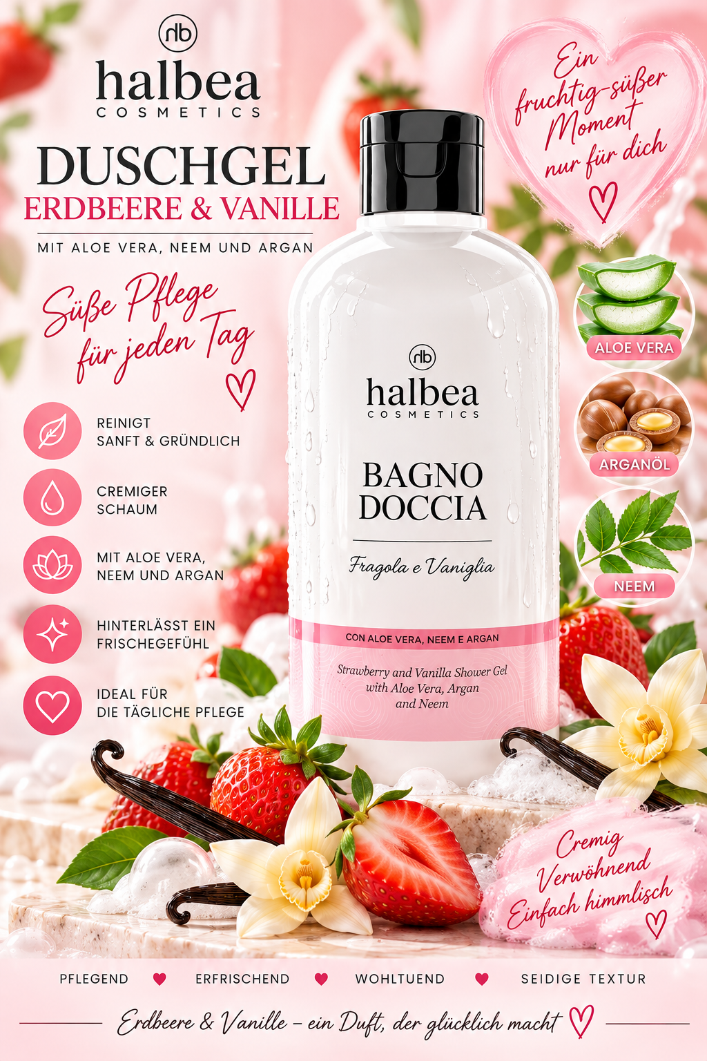 🍓🍦 Duschgel Erdbeere & Vanille mit Aloe Vera, Neem & Argan – 500 ml 🍦🍓