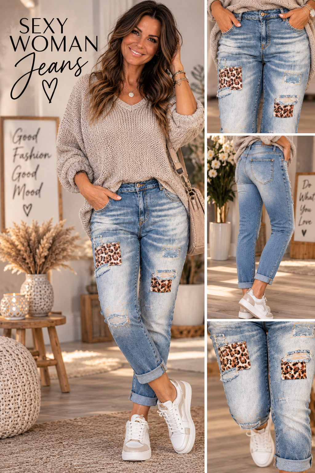 👖✨ SEXY WOMAN Jeans mit Leo-Patches – Gr. XL ✨🐆