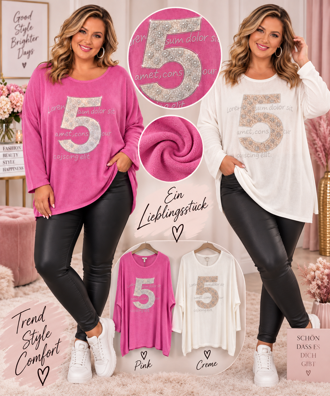 ✨💖 Oversize Feinstrickpullover mit Strass-Statement – Gr. 52–56 💖✨
