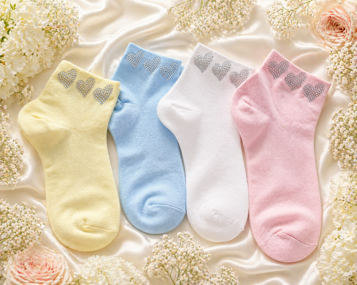 Damen Socken mit Strass-Herzen – Größe 38–41 – 4 Farben 💛💙🤍💗