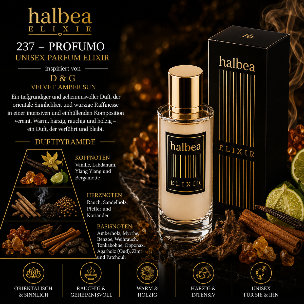 ✨ Halbea 237 – Unisex Parfum Elixir ✨ 🖤 Inspiriert von D&G – Velvet Amber Sun