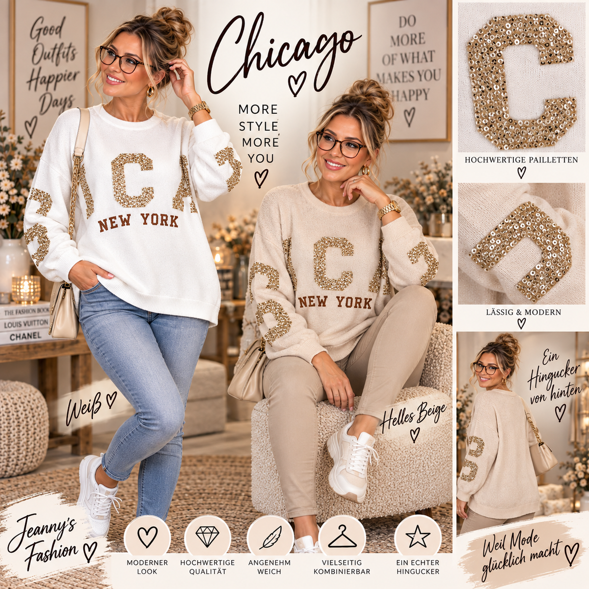 ✨🤍 Strickpulli „Chicago“ mit Pailletten – Gr. 38–42 🤍✨