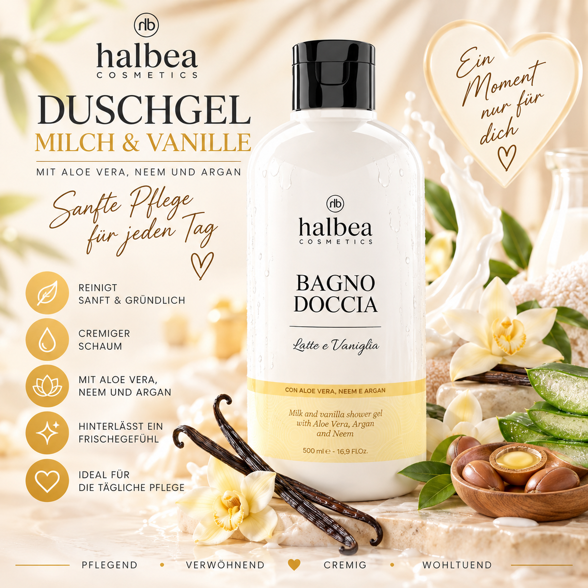 🥛🍦 Duschgel Milch & Vanille mit Aloe Vera, Neem & Argan – 500 ml 🍦🥛