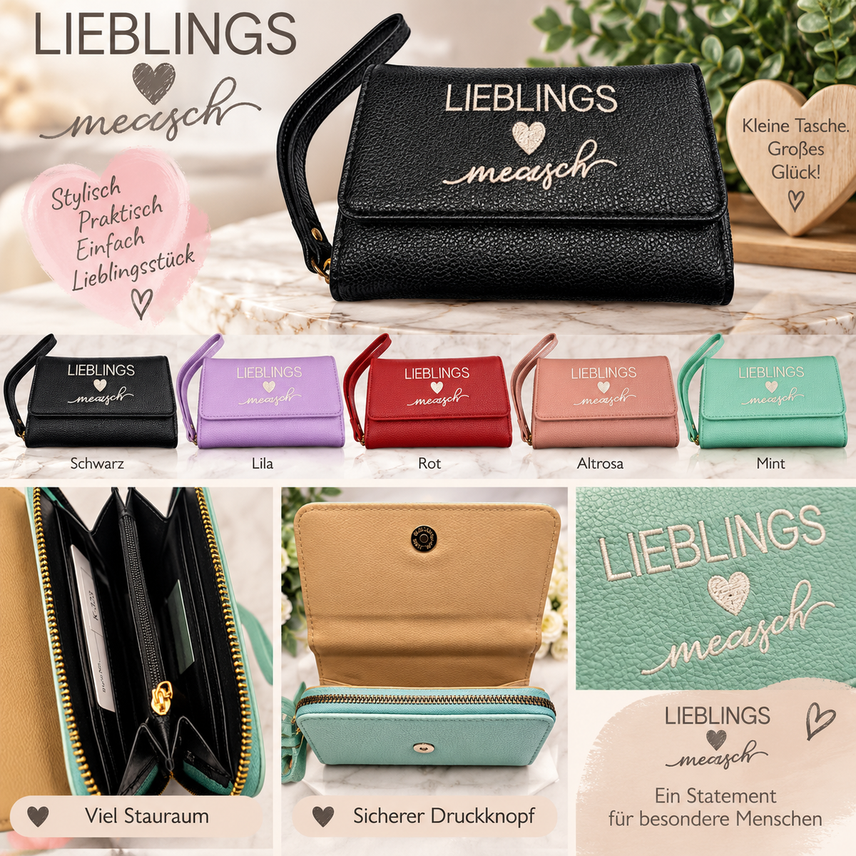 💖 Portemonnaie „Lieblingsmensch“ – mit liebevollem Stick-Schriftzug | 17 × 12 × 4 cm 💖