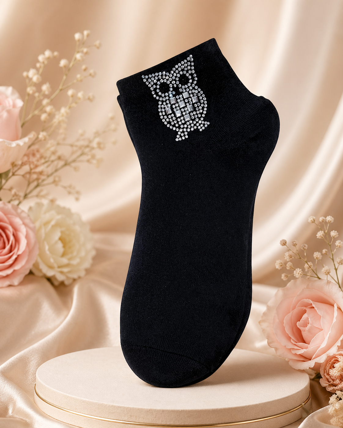 Damen Söckchen mit Strass-Eule 🦉✨ | Größe 38–41 | 3 Farben: Pink, Weiß & Schwarz