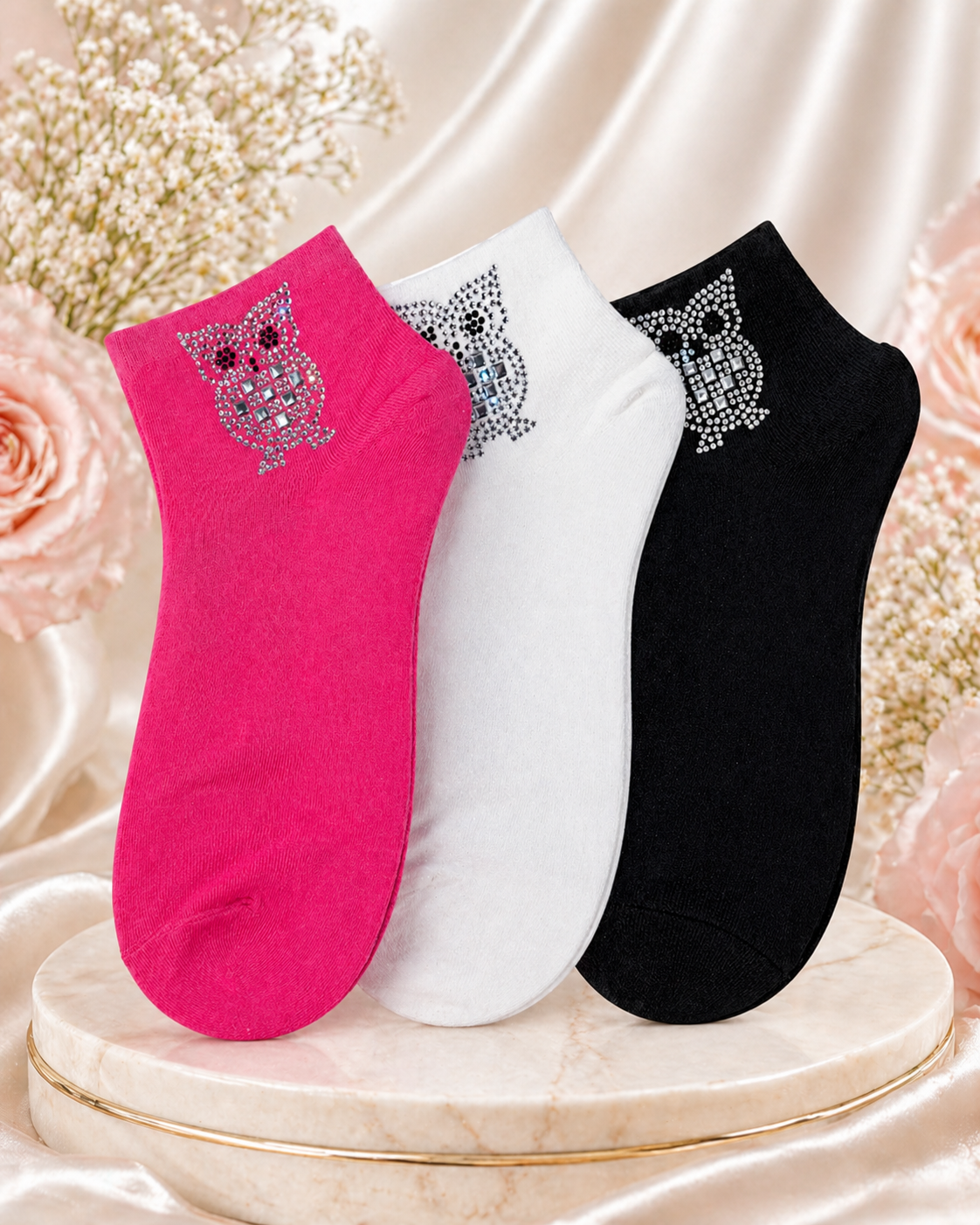 Damen Söckchen mit Strass-Eule 🦉✨ | Größe 38–41 | 3 Farben: Pink, Weiß & Schwarz
