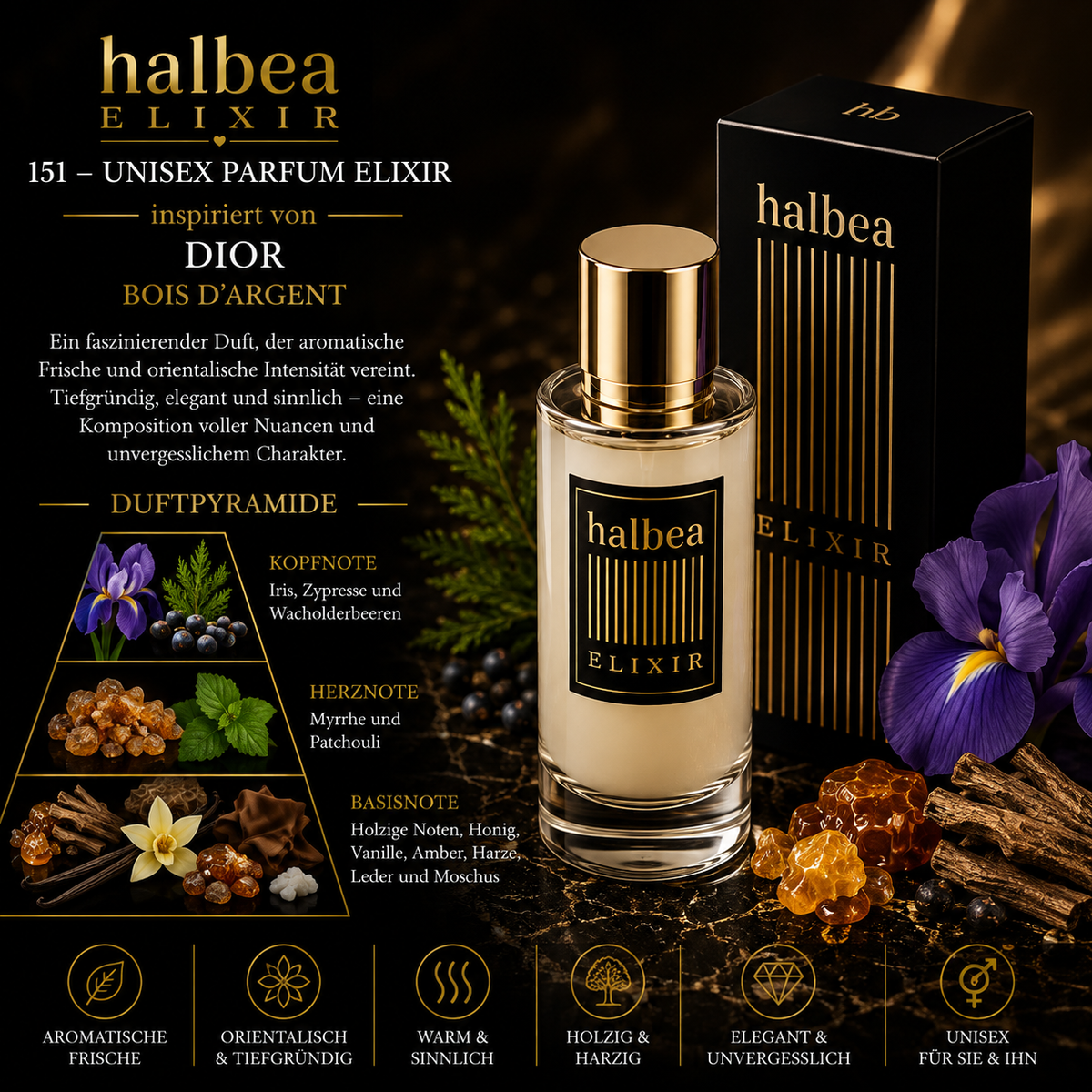 ✨ Halbea 151 – Unisex Parfum Elixir ✨ 🤍 Inspiriert von Dior – Bois d’Argent 🤍