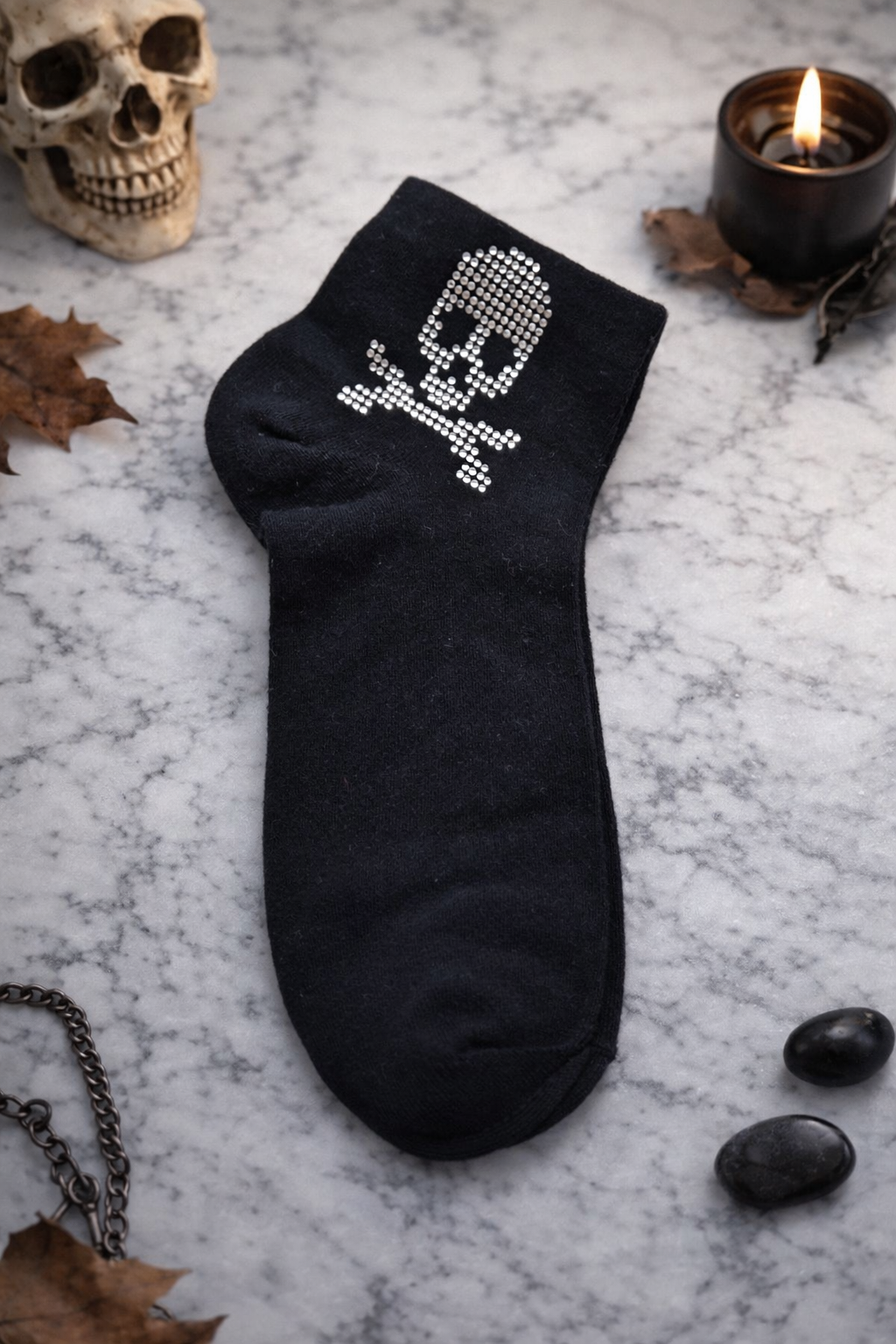 🧦 Damen Sneaker Socken mit Strass Totenkopf – Größe 38–41 – Schwarz & Weiß