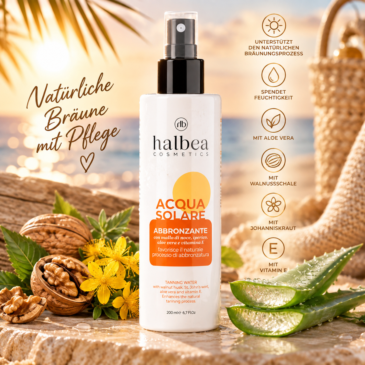 🌞✨ Bräunungs-Sonnenwasser mit Walnussschale, Johanniskraut, Aloe Vera & Vitamin E – 200 ml ✨🌞