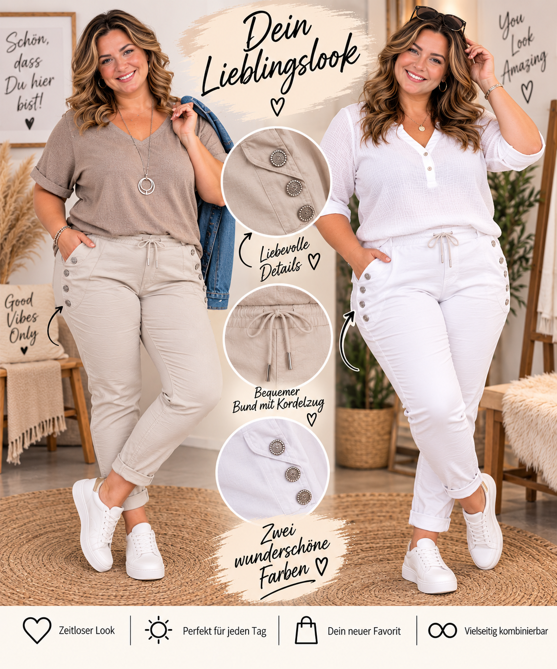 🤍✨ Damen Jogpant mit dekorativen Knopfdetails | Gr. 48–52 ✨🤍