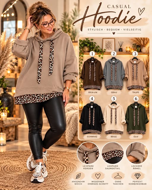 🤎🐆 Oversize Hoodie mit Leo-Kordeln – Gr. 42–48 🐆🤎