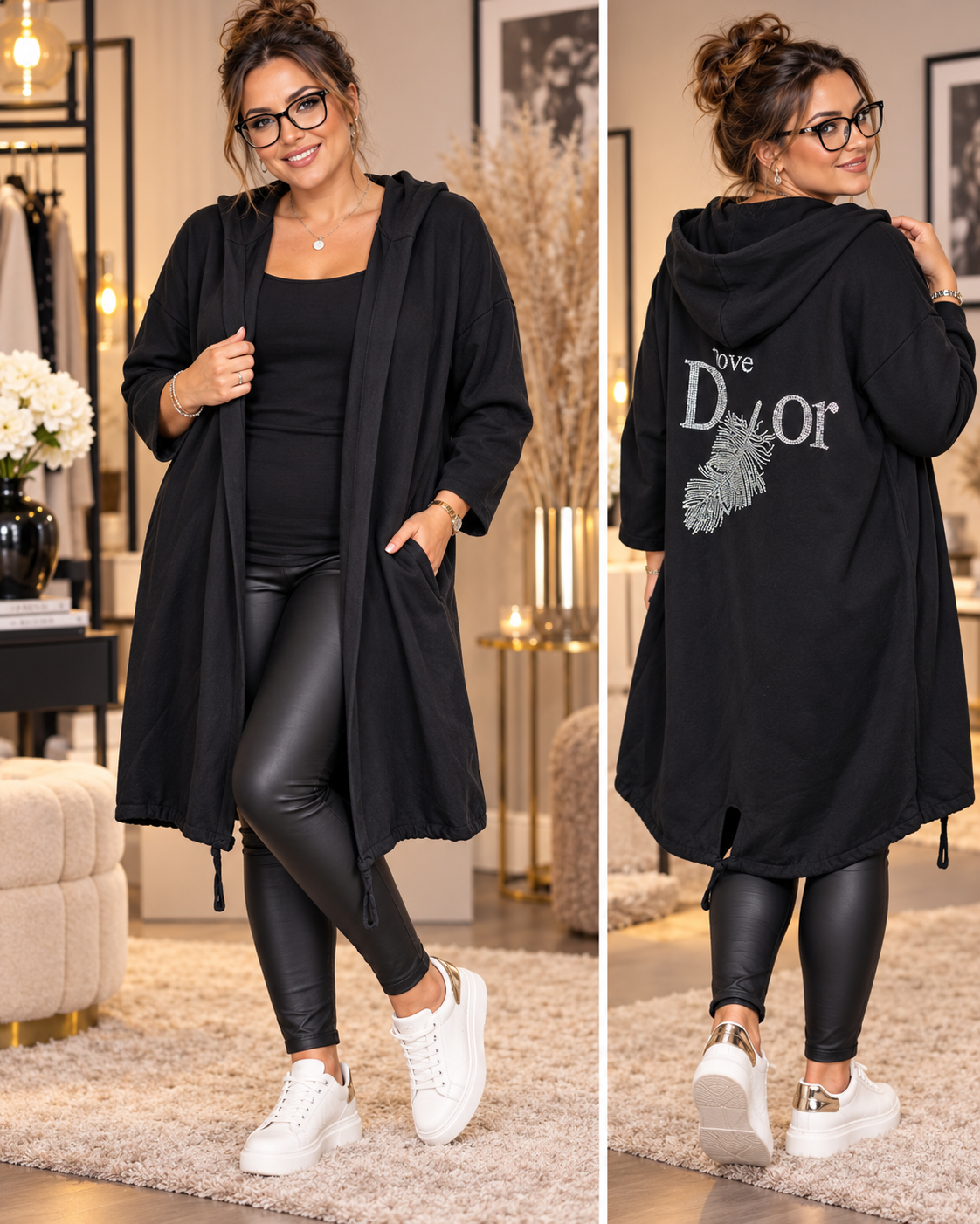 🖤✨ Long-Kapuzenjacke mit funkelndem Strass-Rückenmotiv – Gr. 44–48 ✨🖤