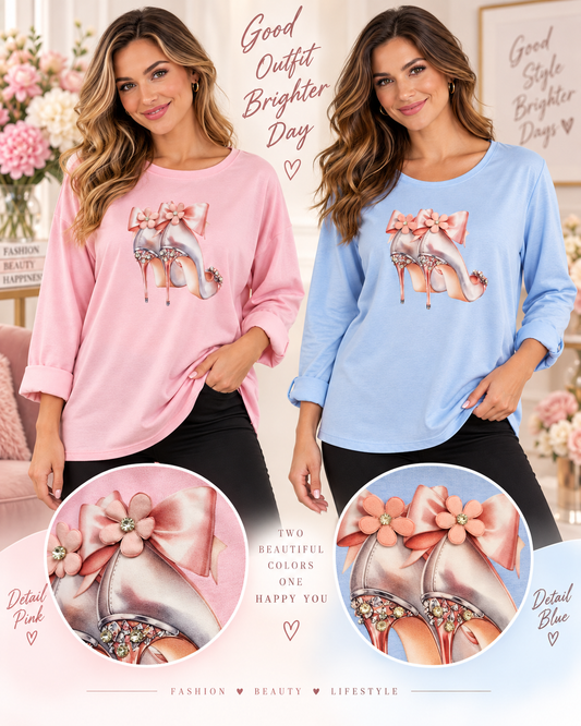 ✨👠 Stylisches Oversize-Shirt mit High-Heel-Motiv & Strass – Gr. 38–42 👠✨