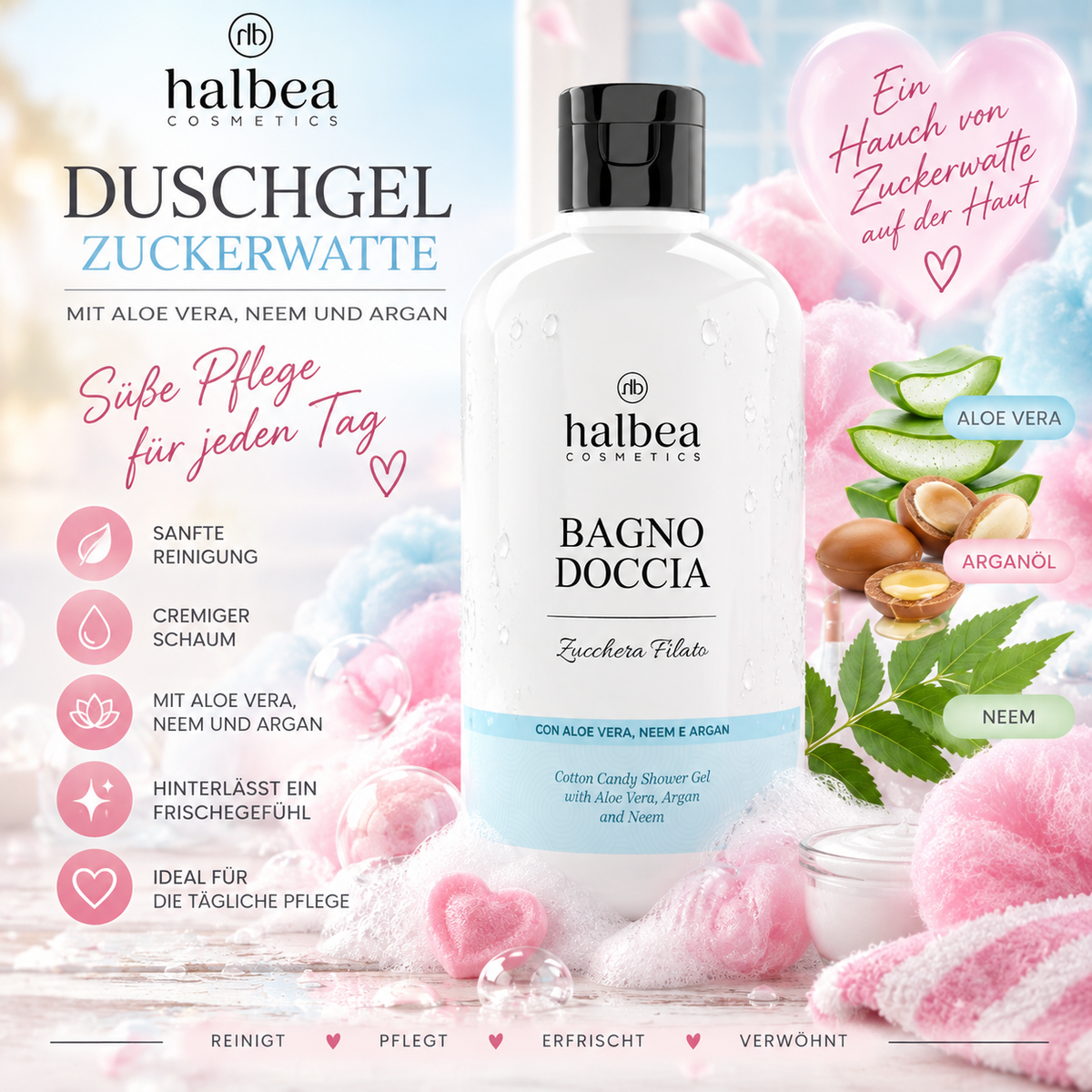 🍭🩷 Duschgel Zuckerwatte mit Aloe Vera, Neem & Argan – 500 ml 🩷🍭