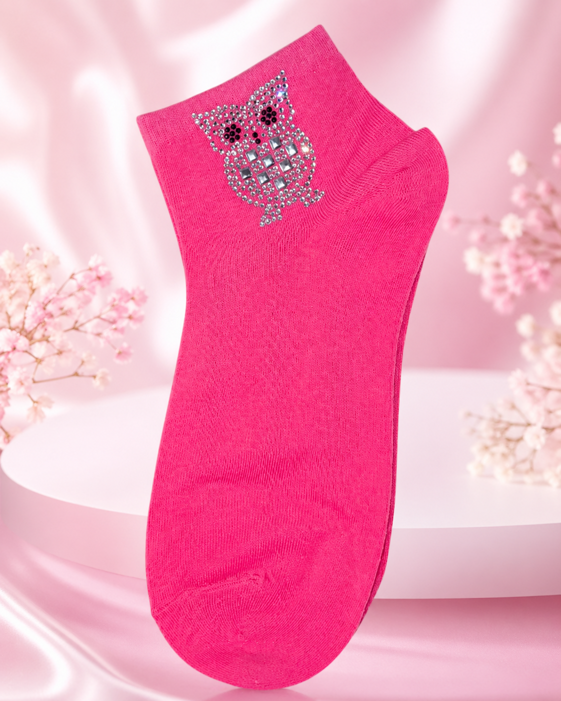 Damen Söckchen mit Strass-Eule 🦉✨ | Größe 38–41 | 3 Farben: Pink, Weiß & Schwarz