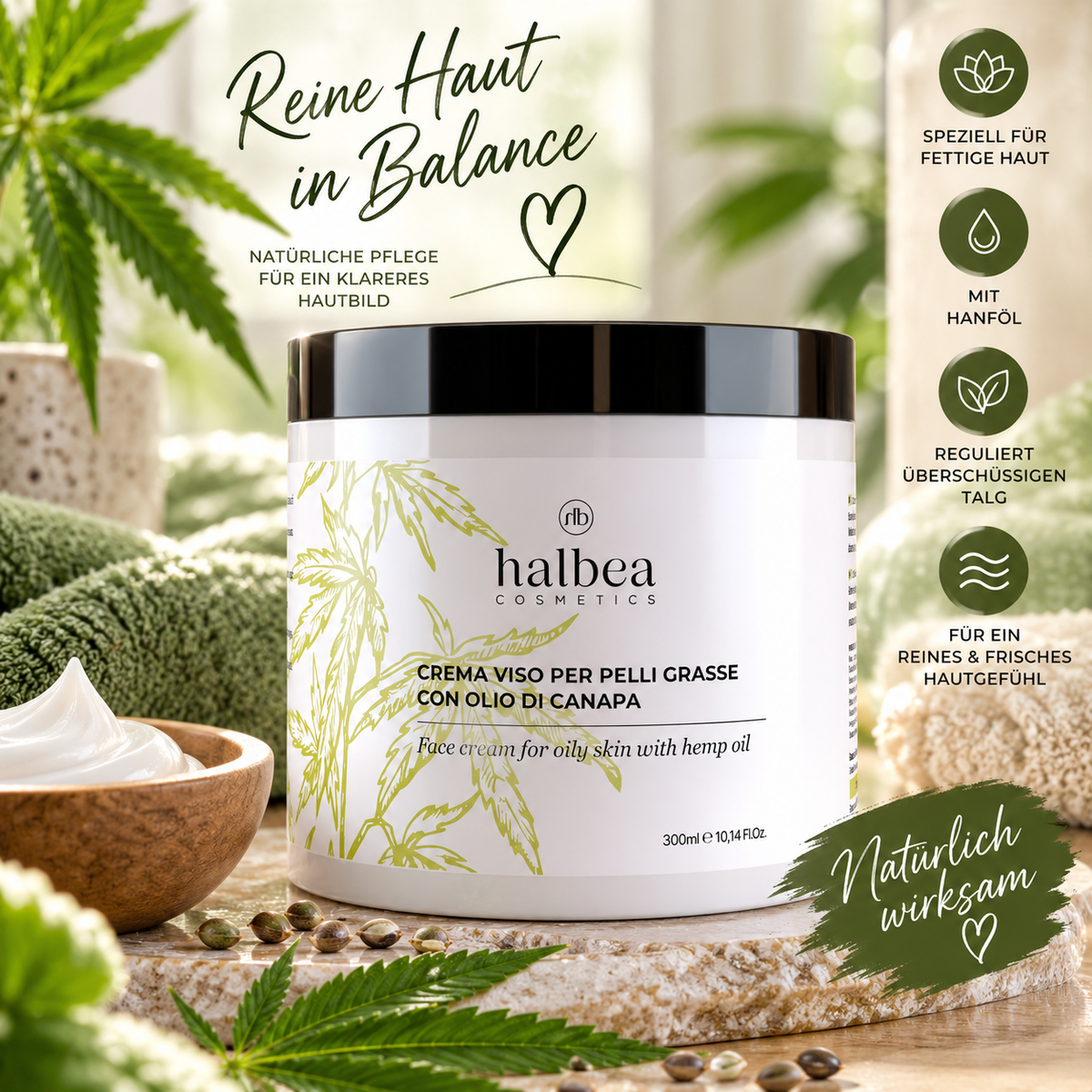 🌿✨ Gesichtscreme für fettige Haut mit Hanföl – 250 ml ✨🌿