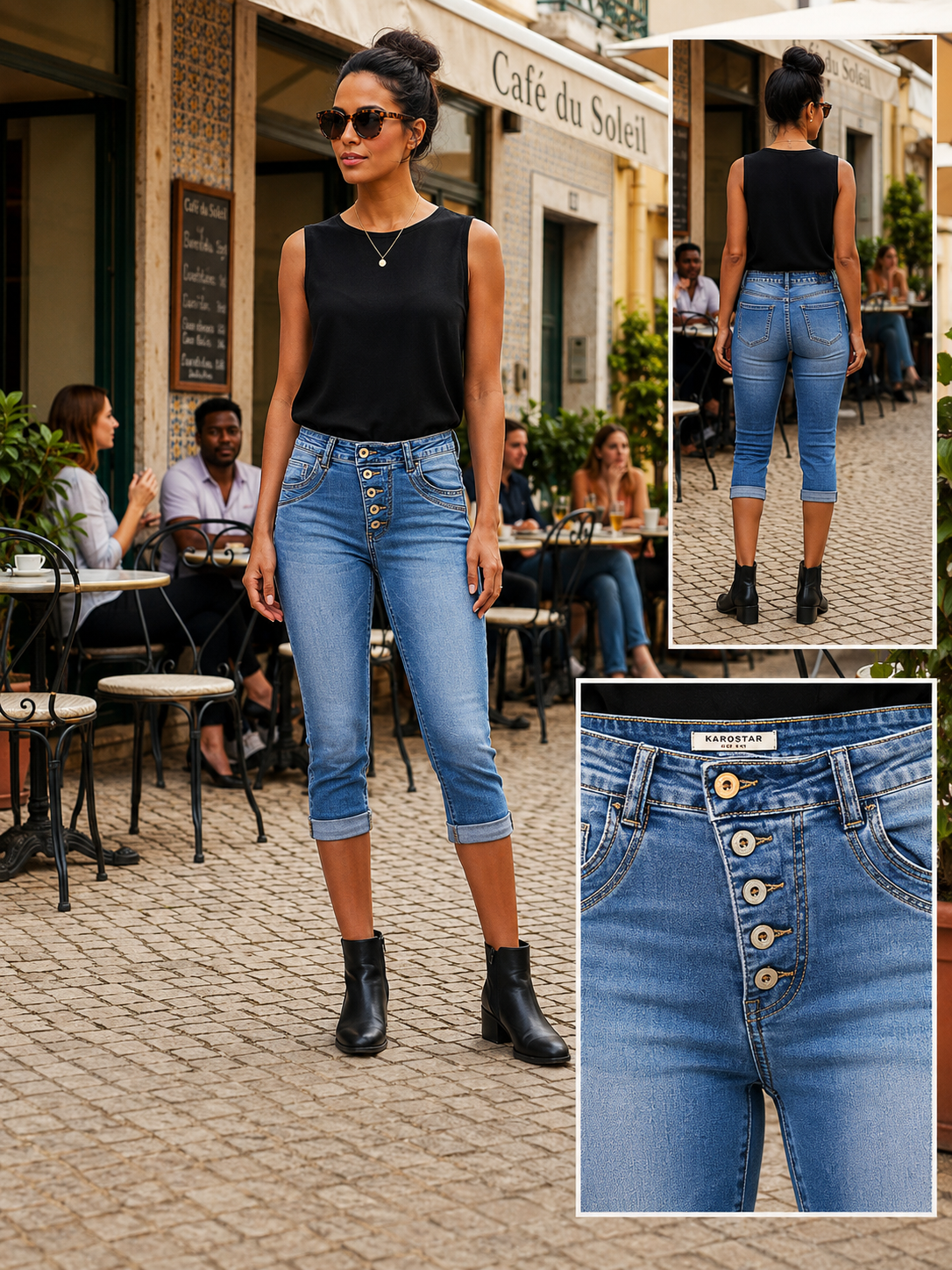 👖✨ Karostar Capri Jeans KC8095 – Schräge Knopfleiste | Gr. 36–40 ✨💙