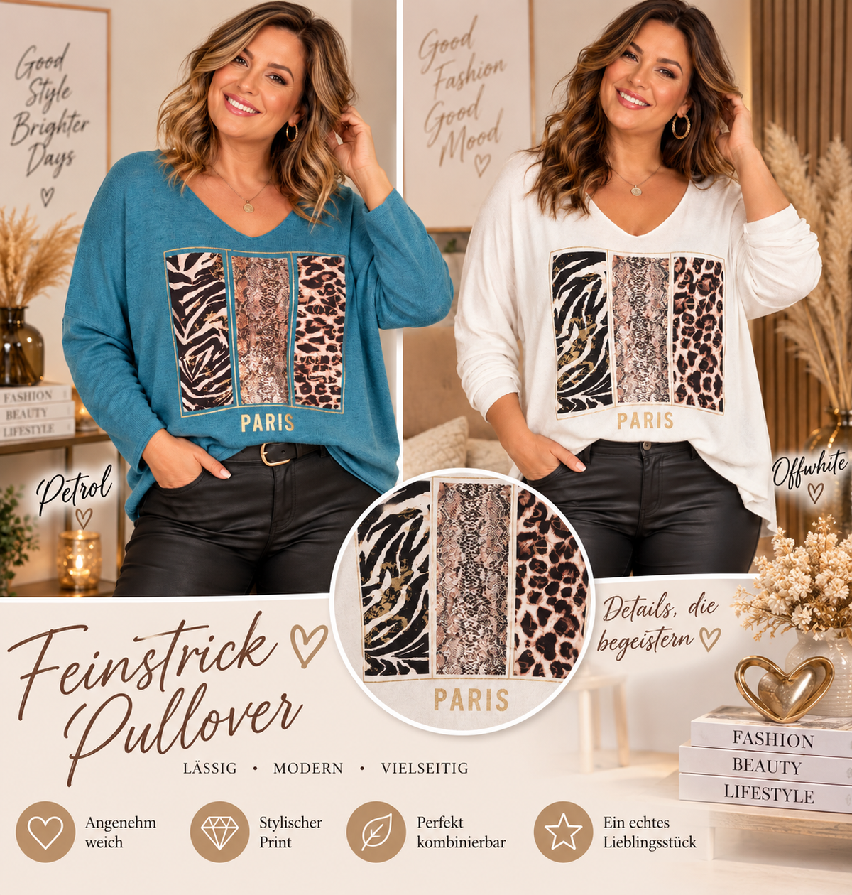 ✨ Feinstrickpullover „PARIS“ mit Animal-Print & Pailletten | Gr. 42–46 ✨