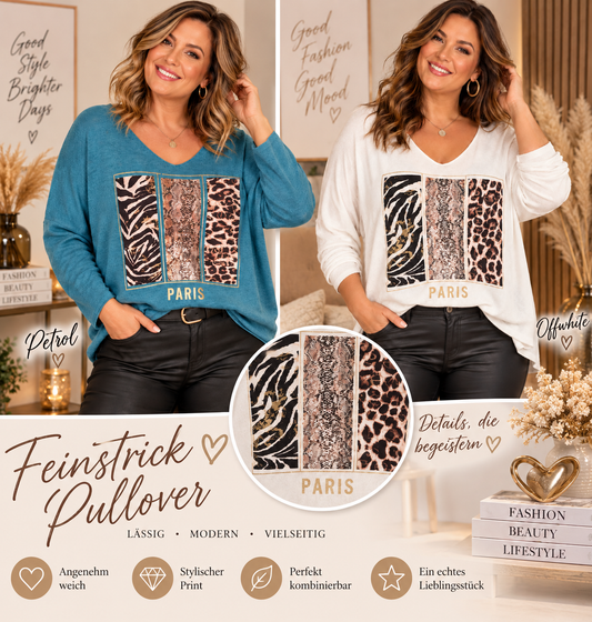 ✨ Feinstrickpullover „PARIS“ mit Animal-Print & Pailletten | Gr. 42–46 ✨