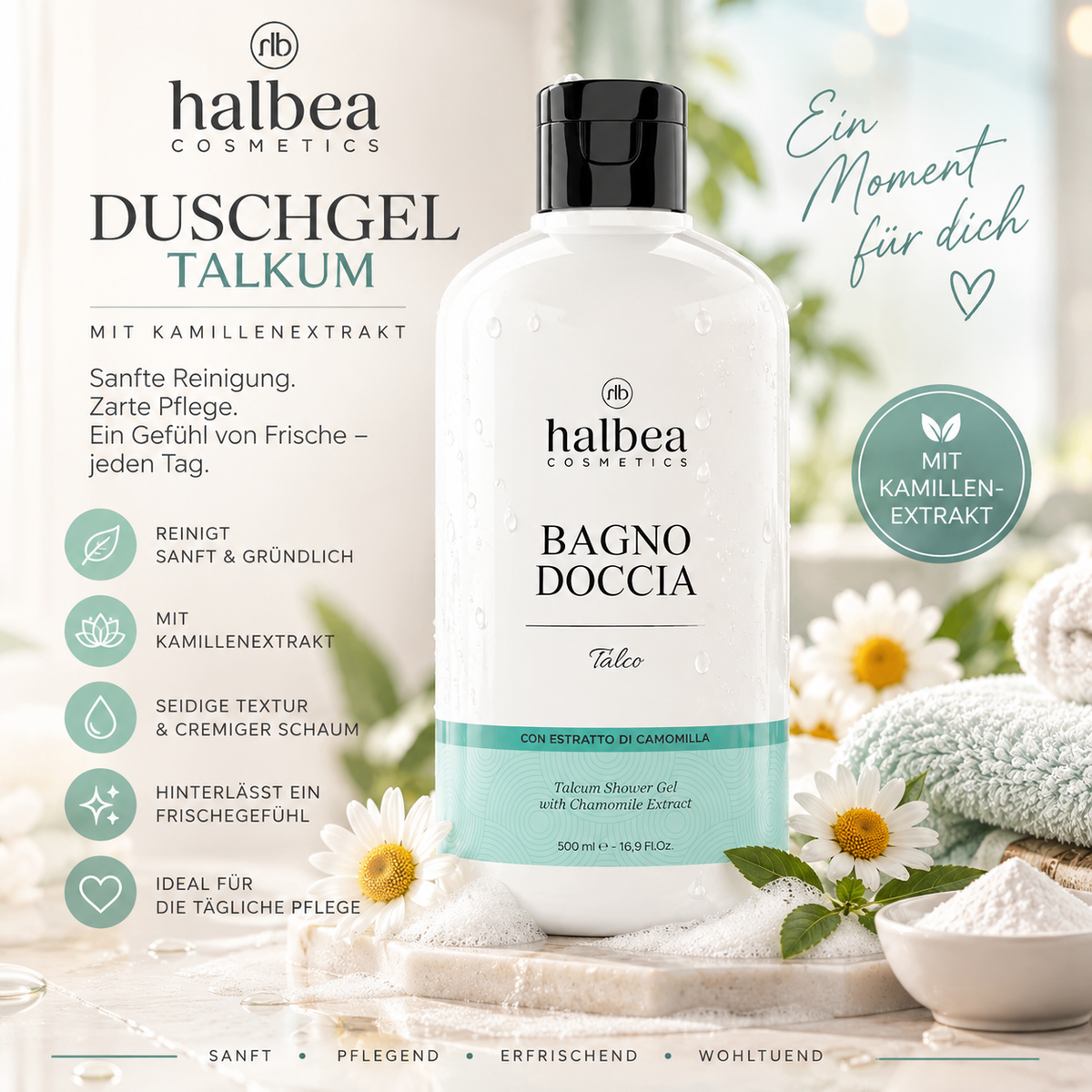 🛁🤍 Duschgel Talkum mit Kamillenextrakt – 500 ml 🤍🌼