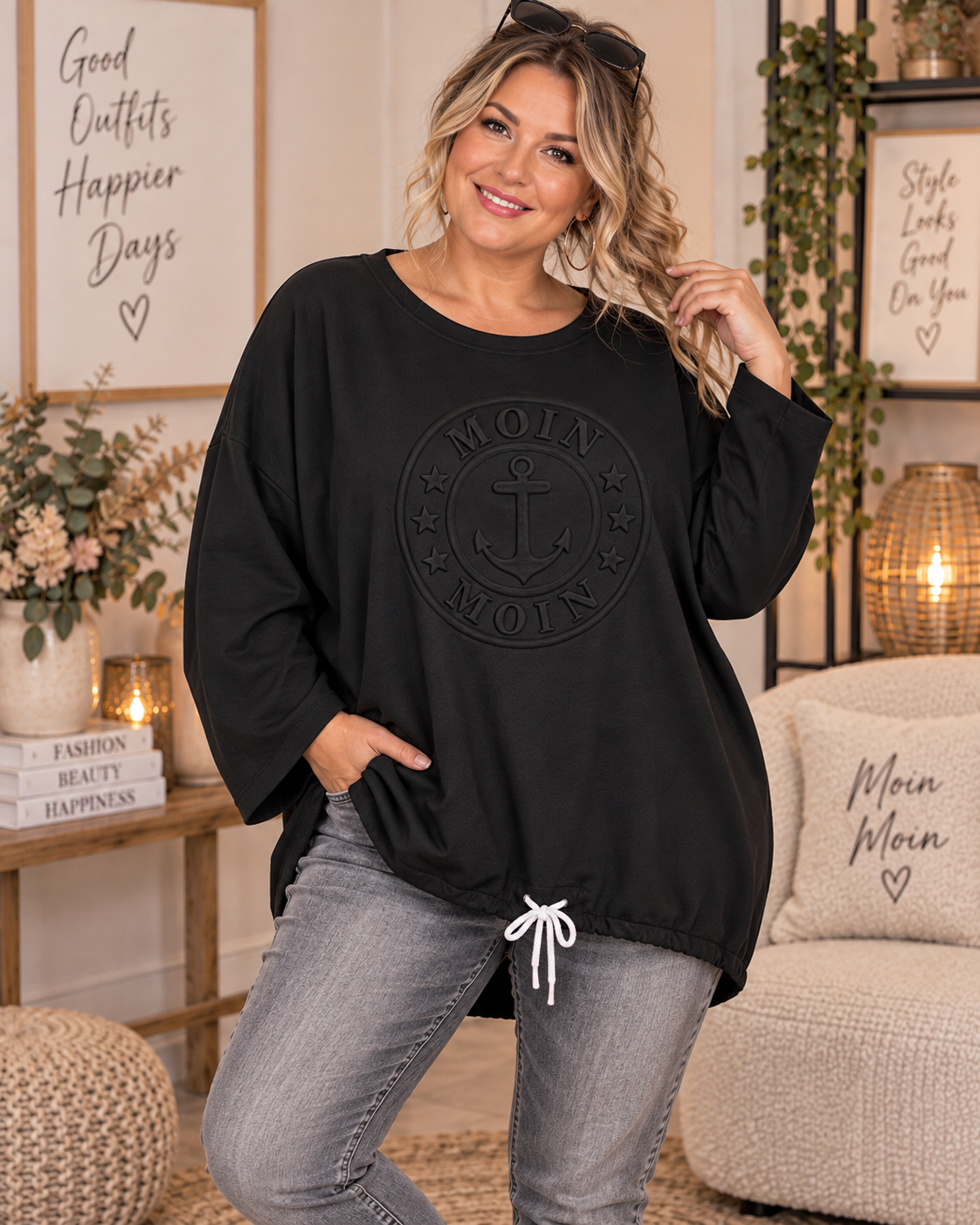💗⚓🖤 Oversize Sweatshirt „MOIN MOIN“ mit 3D-Anker – Gr. 44–48 🖤⚓💗
