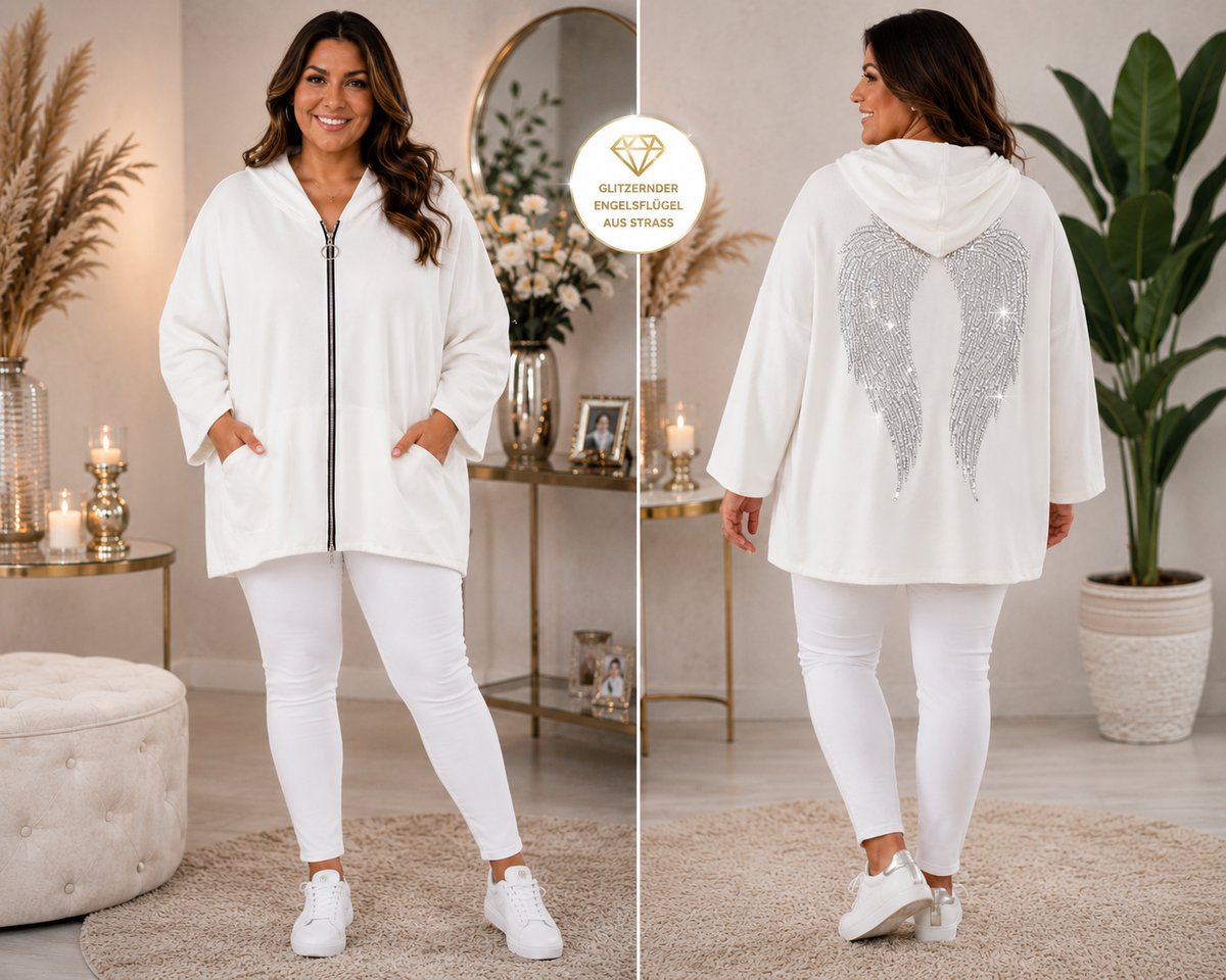 💎 Damen Longjacke Gr. 46–52 | Butterstoff | Strass-Engelsflügel | 5 Farben 👼✨