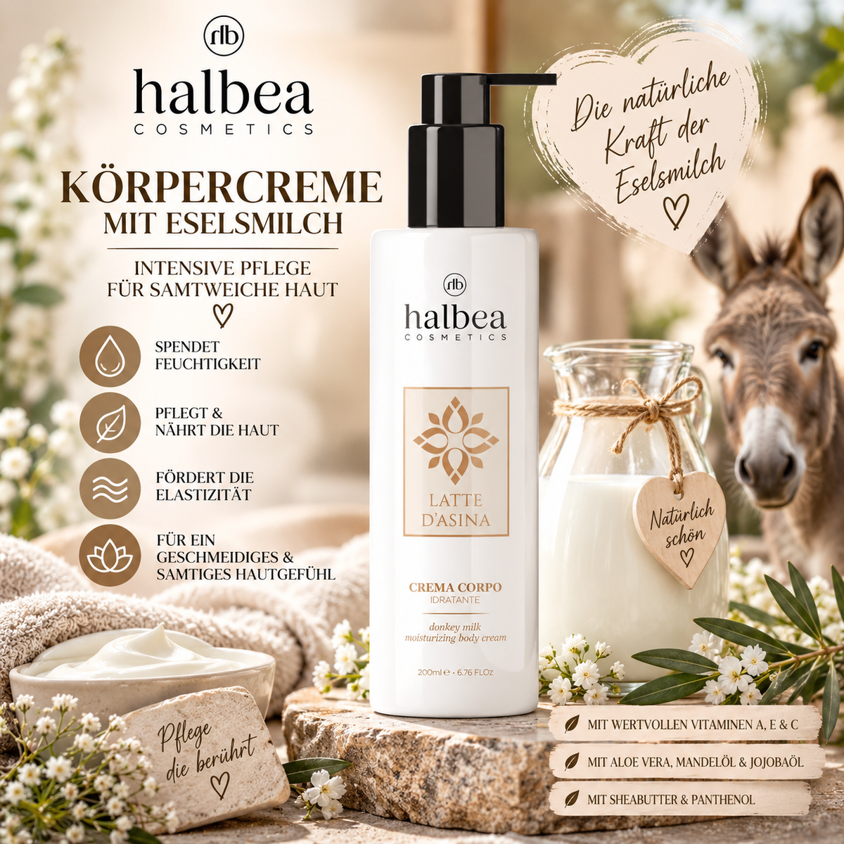 🥛✨ Feuchtigkeits-Körpercreme mit Eselsmilch – 200 ml ✨🥛