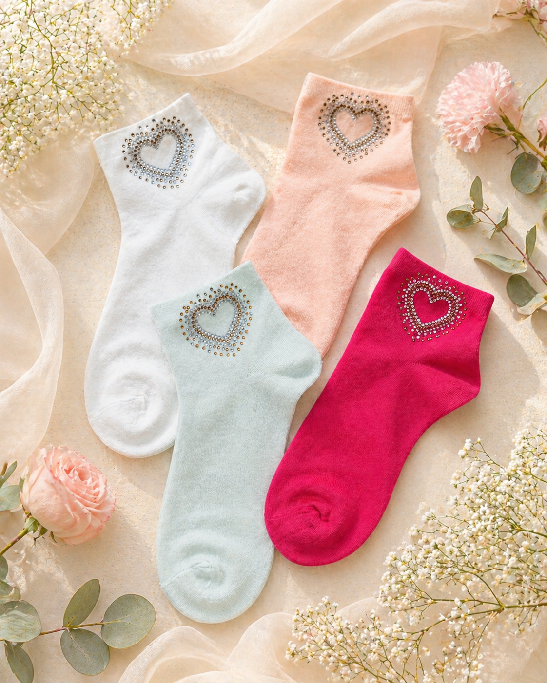 Strass-Söckchen „Offenes Herz“ | Größe 38–41 | 4 Farben