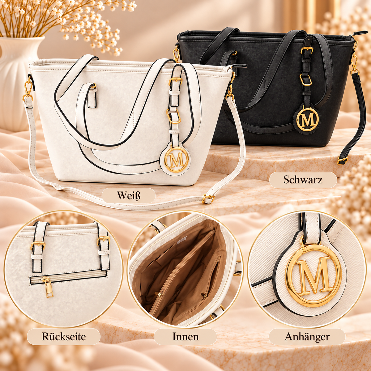 👜✨ Elegante Handtasche mit goldfarbenem „M“-Anhänger – stilvoll, geräumig & vielseitig ✨👜