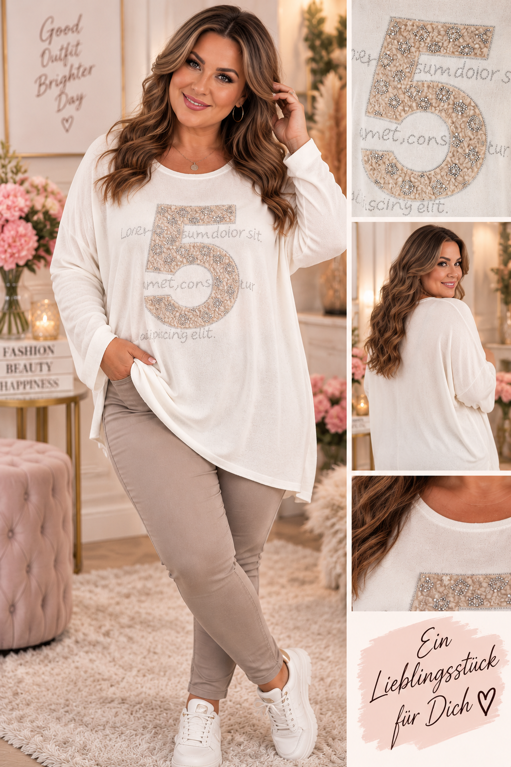 ✨💖 Oversize Feinstrickpullover mit Strass-Statement – Gr. 52–56 💖✨