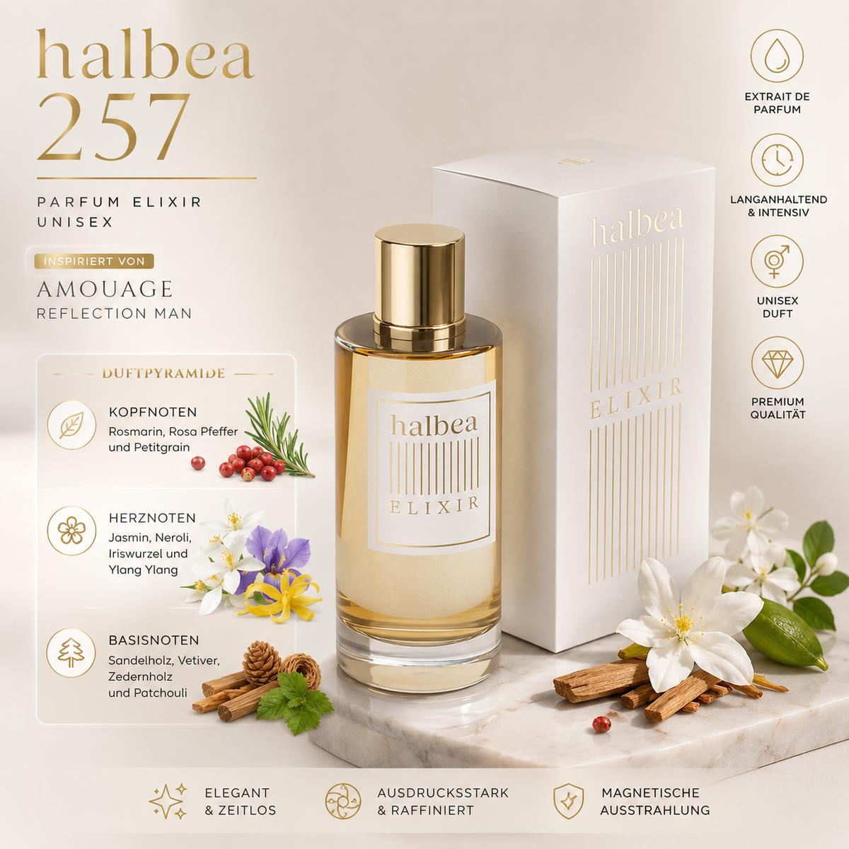 🌟 Halbea 257 – Unisex Parfum Elixir 35 ml 🌟 Inspiriert von Amouage Reflection Man ✨