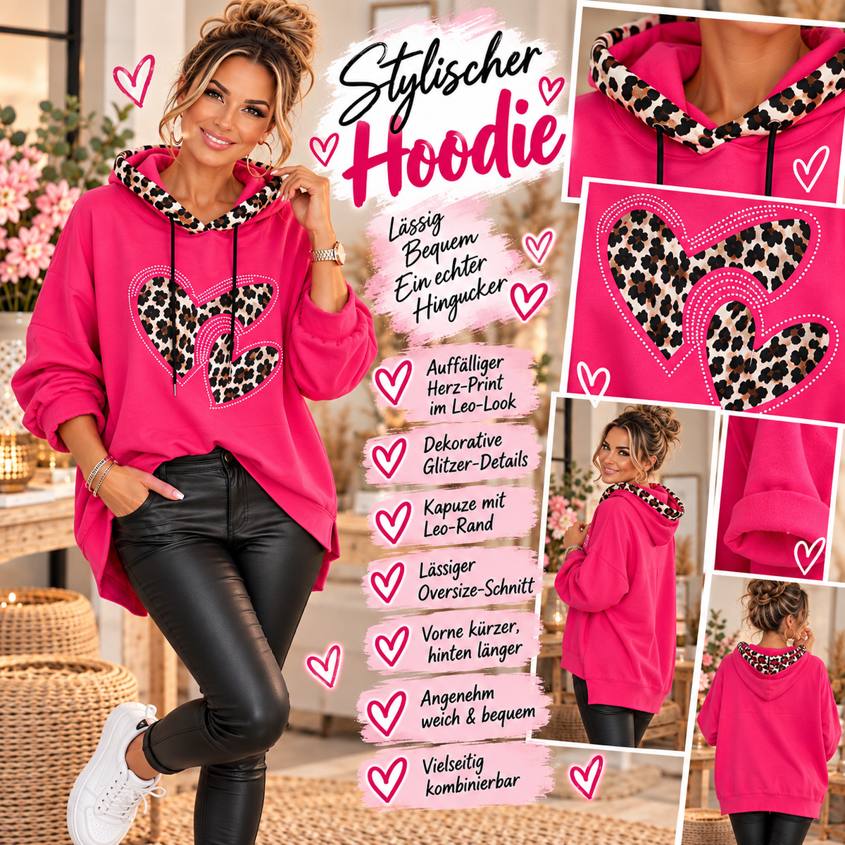 💕 Oversize Hoodie mit Leo-Herzen Gr. 42–46 – lässig, cool & super bequem