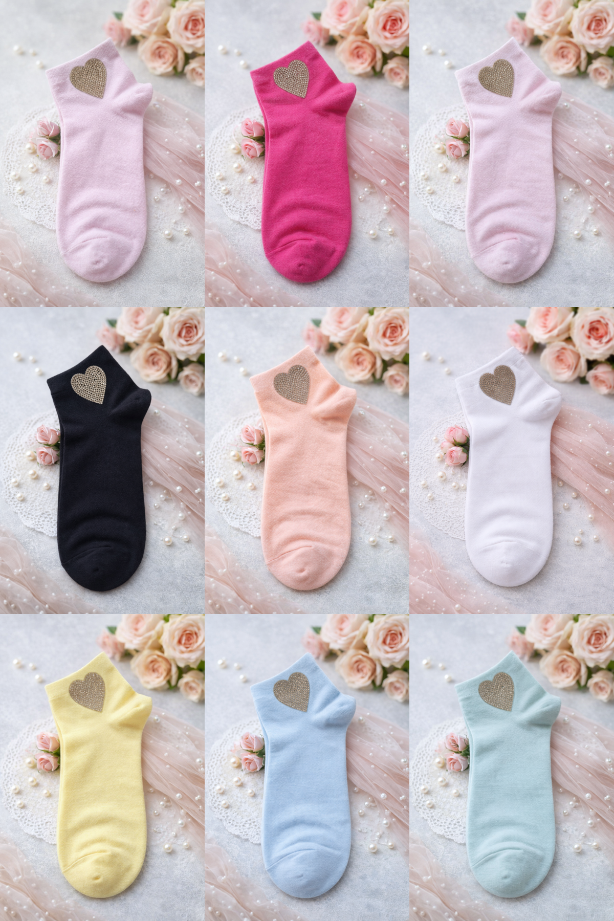 🧦✨ Damen Sneaker Socken mit Glitzer Herz – Größe 38–41 | 9 Farben erhältlich