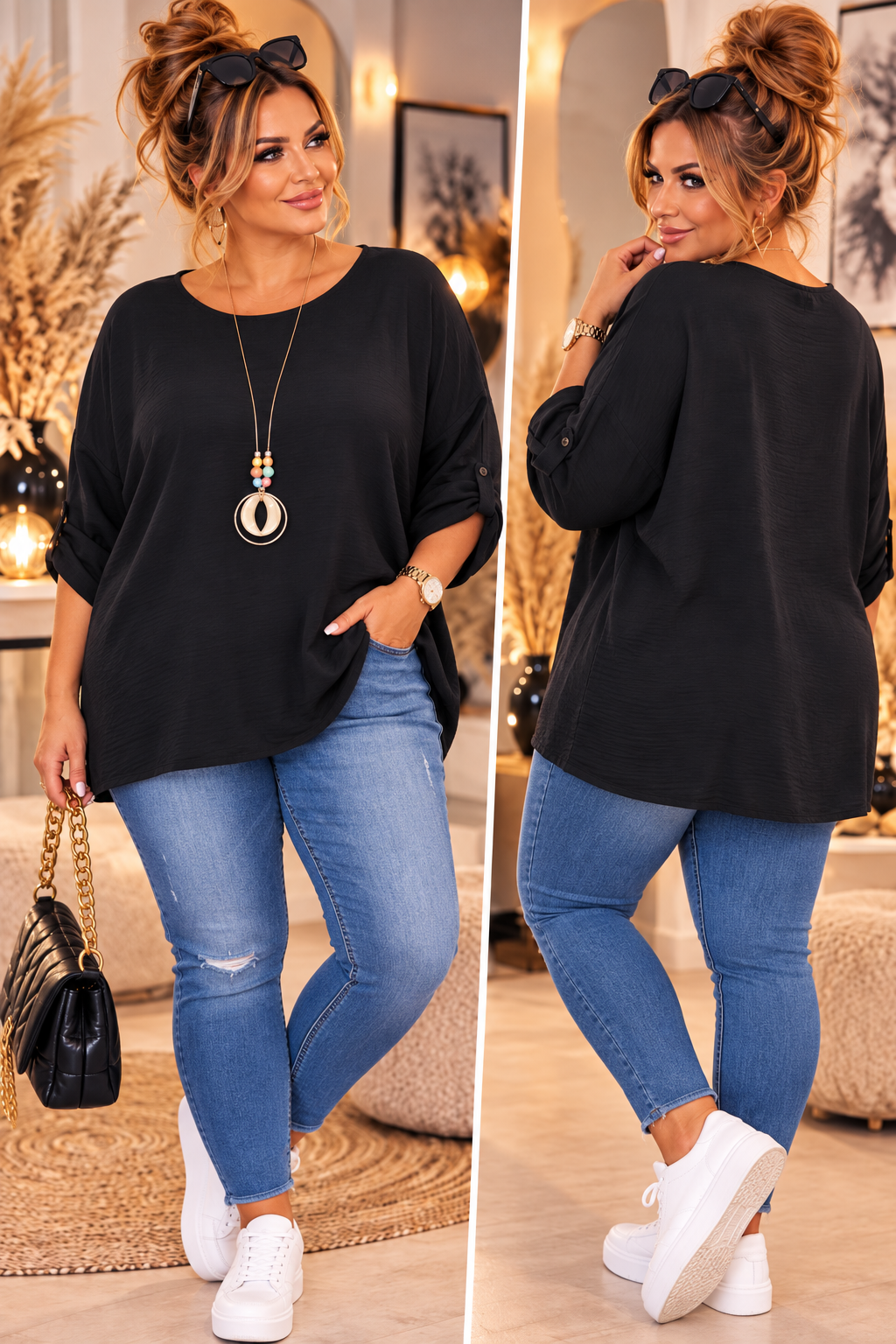 🖤✨ Oversize-Bluse mit Kette – Gr. 46–50 ✨🖤