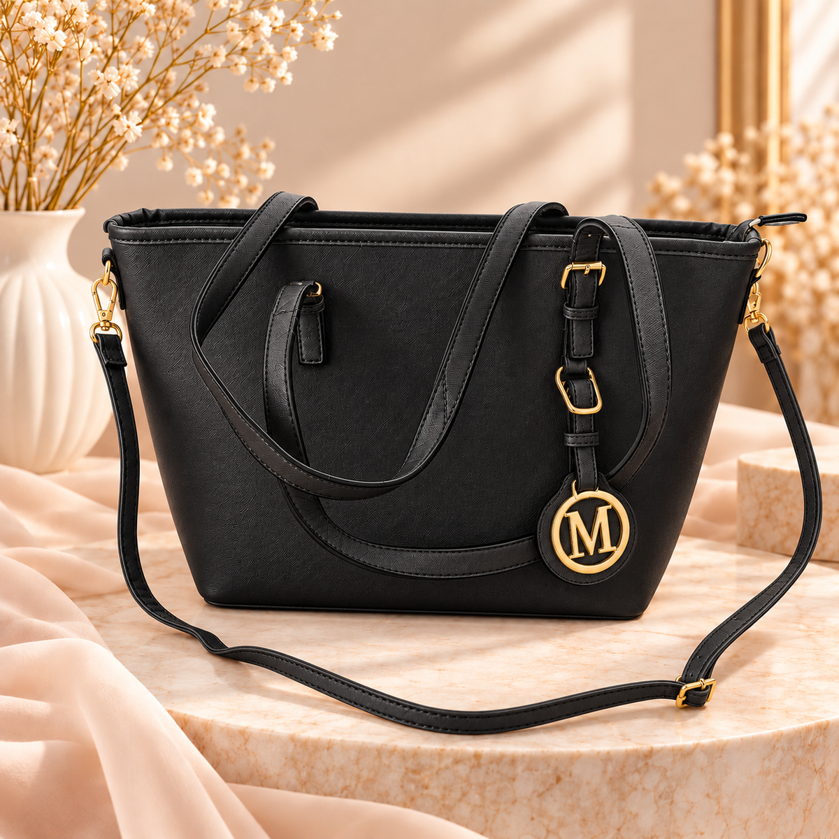 👜✨ Elegante Handtasche mit goldfarbenem „M“-Anhänger – stilvoll, geräumig & vielseitig ✨👜