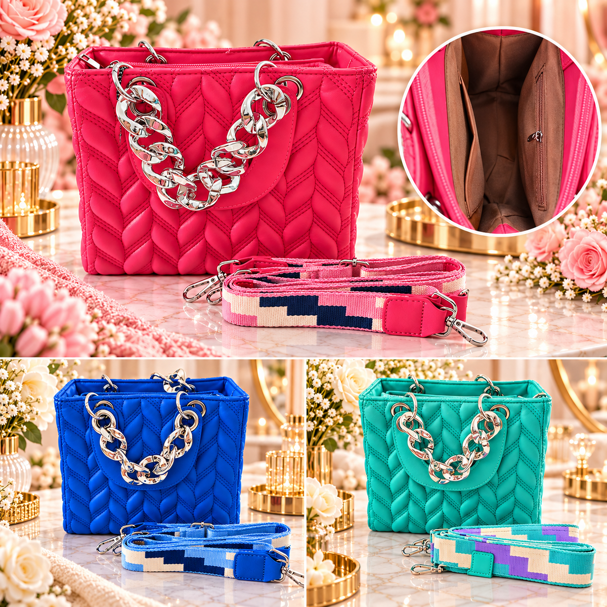 👜✨ Stylische Stepp-Handtasche mit Statement-Kette – kompakt, modern & ein echter Hingucker ✨👜